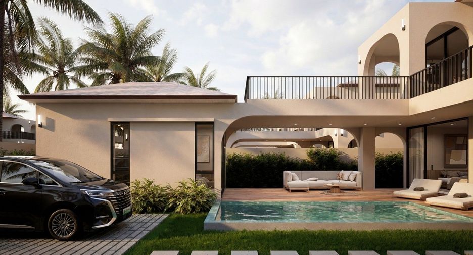 Sacarat villa — pool deck at dusk
